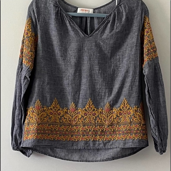 renee c. gray peasant blouse top with pink gold embroidery long sleeve sz small - Picture 4 of 13